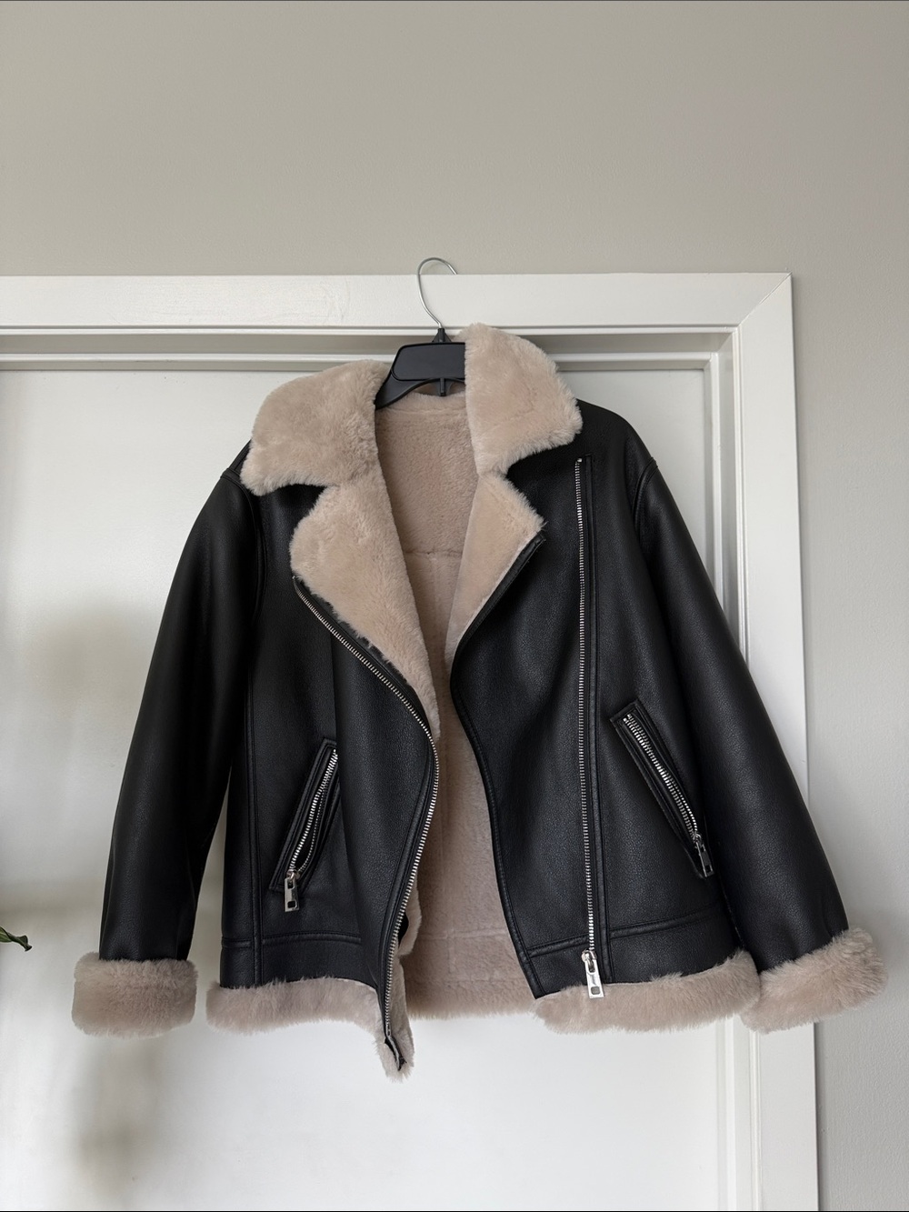 Mango Black Faux Leather Aviator Jacket with Cream Shearling, size XS